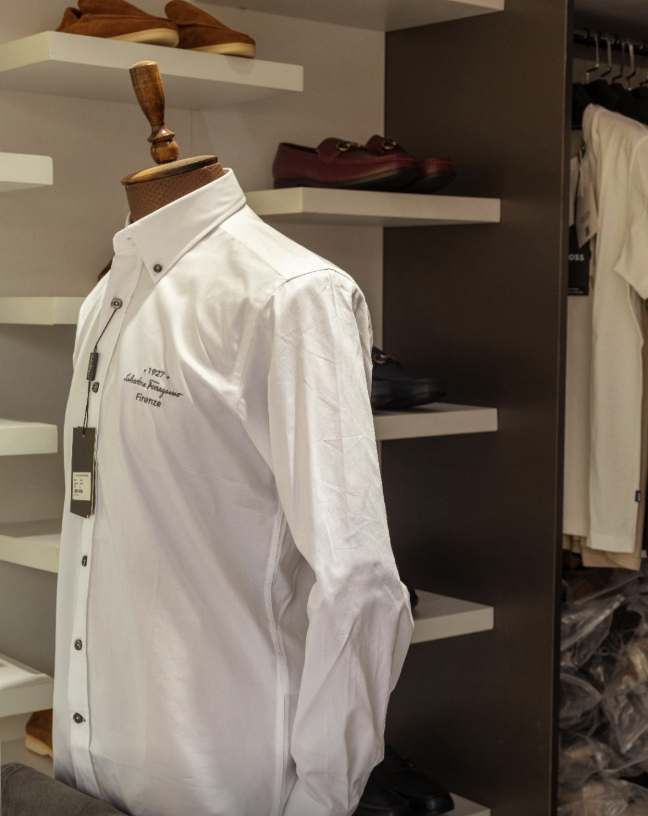 Salvatore Ferragamo white dress shirt on a mannequin in a retail display